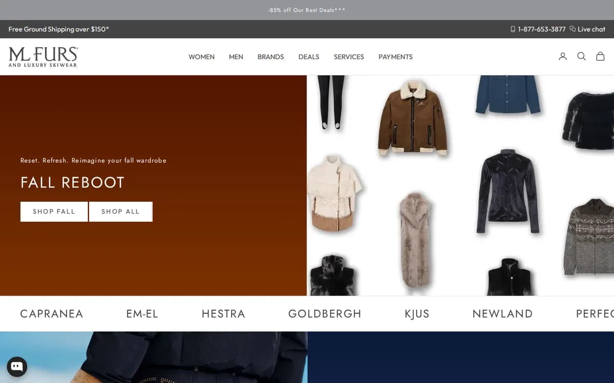 mlfurs.com homepage designed and built by Act Bold: ML Furs, luxury fur coats, jackets and skiwear, shown on desktop