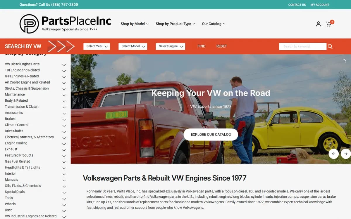 partsplaceinc.com homepage built by Act Bold: Parts Place Inc, search by year, model and engine for Volkswagen parts, shown on desktop