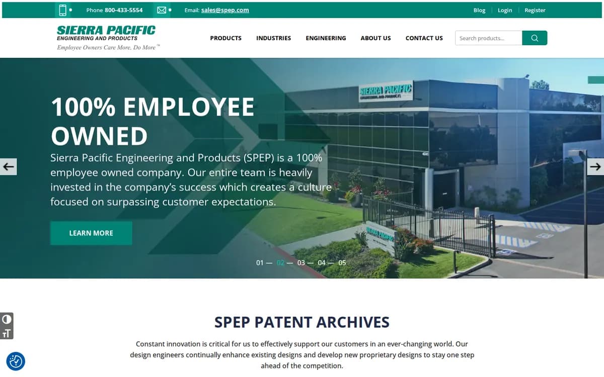 spep.com homepage built by Act Bold: SPEP (Sierra Pacific Engineering and Products), industrial supplier, shown on desktop